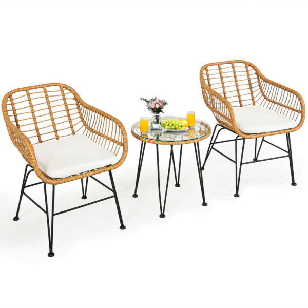 3 Pieces Rattan Furniture Set With Cushioned Chair Table
