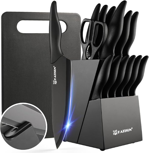 0225663d-79e6-4c76-ae50-c9f01f6b6268.jpg 16 Pieces Kitchen Knife Block Set With Cutting Board, German Stainless Steel Knife Set With Sharpener, Dishwasher Safe, Anti-Slip Handle, 6 Steak Knives, Black