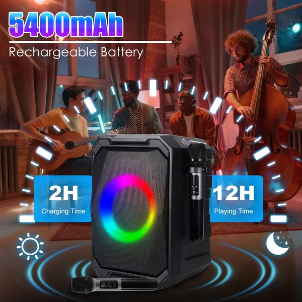 Portable Wireless Party Speaker With LED Light 2 Wireless Mics Remote Control TWS Music Accompany Mic. Priority Bass Echo Mic Treble Guitar In