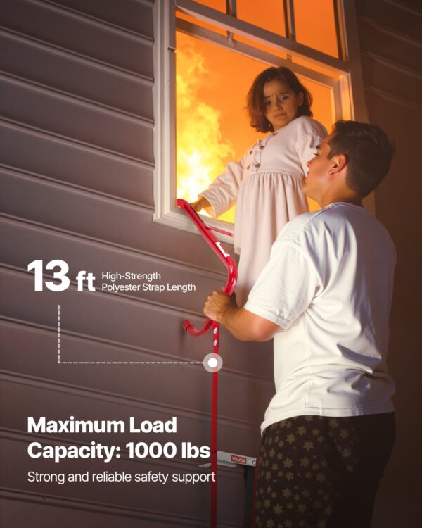 Fire Escape Ladder, 2-Story 13FT Retractable Emergency Fire Ladder, Lightweight Aluminum Alloy Safety Escape Ladders With Sturdy Polyester Strap, Anti-Slip Rung & Wide Steps