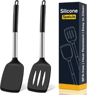 0c5b6442-6410-4e49-933d-1f988cc20641.jpg 2 Pack Silicone Spatula Set, Solid & Slotted Turners For Non-Stick Pans, High Heat Resistant Cooking Utensils, BPA-Free, Black