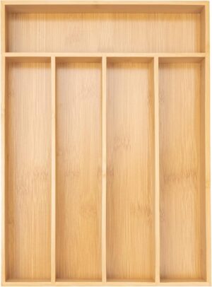 Bamboo Silverware Organizer, 5 Slot Kitchen Drawer Utensil Holder, Cutlery And Flatware Organizer Tray For Spoons, Forks & Knives