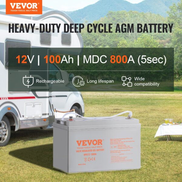 VEVOR Deep Cycle Battery, 12V100AH, AGM Marine Rechargeable Battery, High Self-Discharge Rate 800A Current, For RV Solar Marine Off-Grid Applications UPS Backup Power System