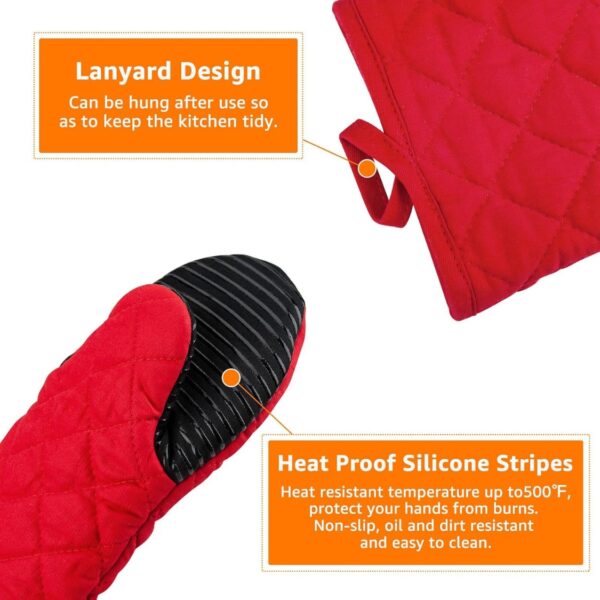 1 Pair Red Cotton Silicone Long Oven Mitts Non-Slip Heat Resistant Kitchen Gloves For Baking Cooking And Handling Hot Pots Pans