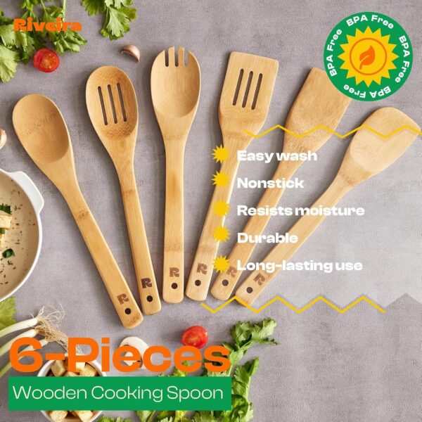 Bamboo Cooking Spoons 6-Piece Set, Wooden Kitchen Utensils With Spoons & Spatulas, Durable Cooking Tools For Home & Kitchen