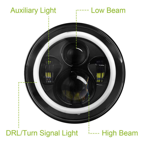 2Pc 7in 6000LM Round LED Headlight Halo Angel Eyes For Jeep Wrangler TJ JK CJ With H4 To H13 Adapter Plug And Play