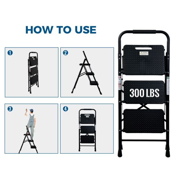 3 Step Ladder, Folding Step Stool With Wide Anti-Slip Pedal, Sturdy Steel Ladder, Lightweight, Portable Steel Step Stool