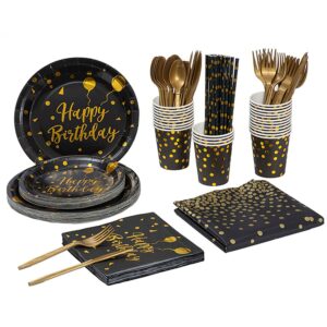 1a086a89-d0cf-4e99-bd5e-050916a07ad7.jpg 201PCS Black Gold Birthday Party Supplies For 25 Guests Happy Birthday Disposable Dinnerware Set Paper Plates 9OZ Cups Straws Napkins Forks Knives Spoons Tablecloth