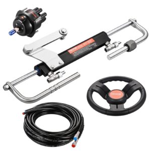 1bdeae0d-5d5c-4bbb-a406-ffc2519b78ff.jpg 90HP Hydraulic Outboard Steering Kit, Marine Boat Hydraulic Steering System With 13.5-inch Steering Wheel, Helm Pump, Hydraulic Cylinder & 2PCS 26FT Hoses For Single Station Single-Engine Boats