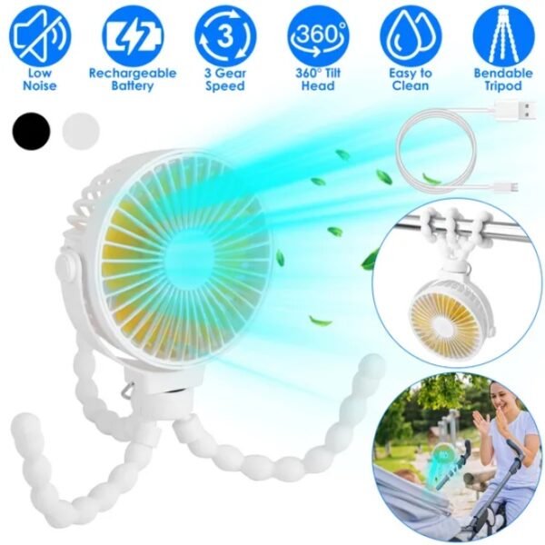 Portable Baby Stroller Fan Rechargeable Handheld Fan With Flexible Tripod Clip On Desktop Hanging Fan 3 Gear Speed With Tilt Head