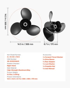 23f0d1b0-3964-4940-9b6b-98f2101203bd.jpg Outboard Propeller, Upgrade OEM 15 Spline Tooth Aluminum Outboard Boat Propeller Fit Mercury/Mariner Engines 135-300 HP, 4-3/4" Gearcase, 3-Blade, RH (Right Hand Rotation), OEM No. 48-832830A45