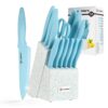 Kitchen Knife Set With Block, 14 Piece BLUE Non-Stick Paint Coating Stainless Steel Knives Set, Anti-Rust And Dishwasher Safe, 12 Knives With Kitchen Shears And Block