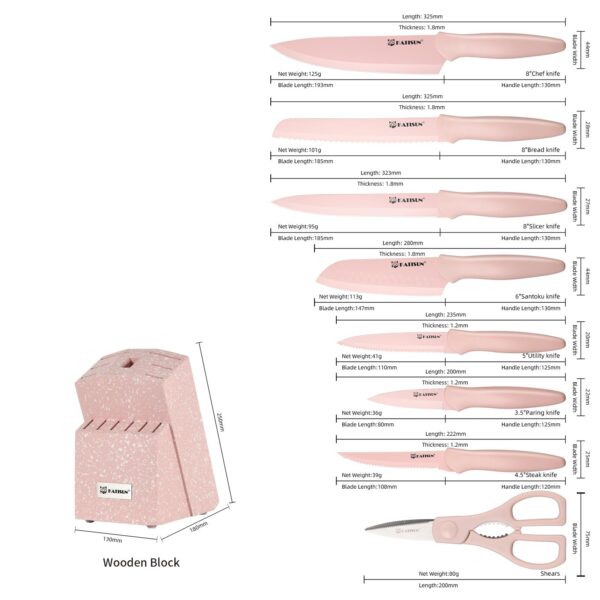 2e61b246-c720-4a39-868f-83b0aa1bb3a6.jpg Kitchen Knife Set With Block, 14 Piece Pink Non-Stick Paint Coating Stainless Steel Knives Set, Anti-Rust And Dishwasher Safe, 12 Knives With Kitchen Shears And Block Pink