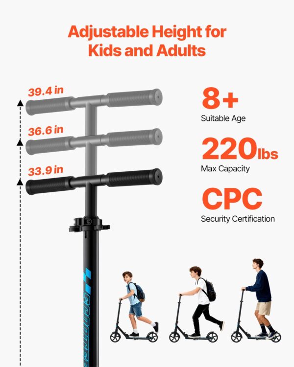 Kick Scooter For Kids Ages 8+, Teens & Adults, 2-Wheel Toddler Scooter With Adjustable Height Handlebar, Wide Anti-Slip Deck, Foldable Lightweight For Boys & Girls Up To 220 Lbs, Black + Blue
