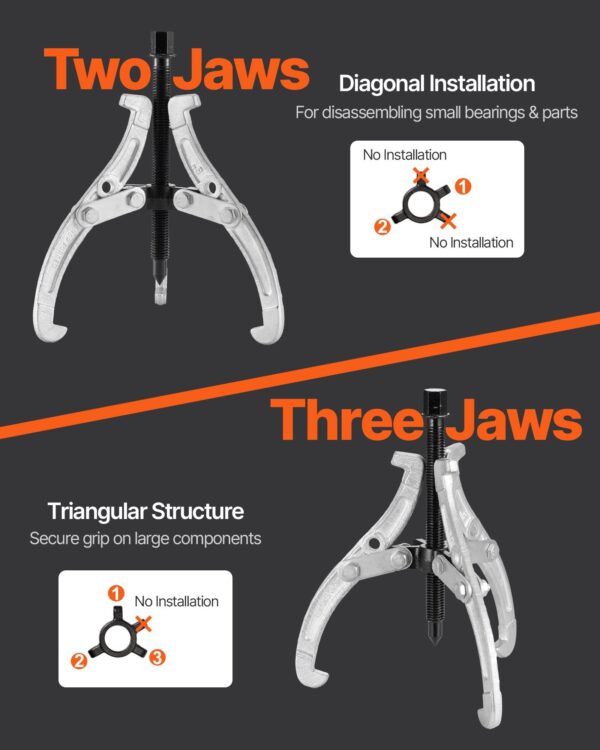 35997f1c-1f4c-4950-8969-9eb5a8470979.jpg Gear Puller Set, 3 In/4 In/6 In/8 In 3 Jaw Bearing Puller With Reversible Jaws, 2 Jaw/3 Jaw Pulley Puller Tool, 4 PCS Heavy Duty Bearing Puller Tool Kit For Pulley Gear Bearing Flywheel Removal