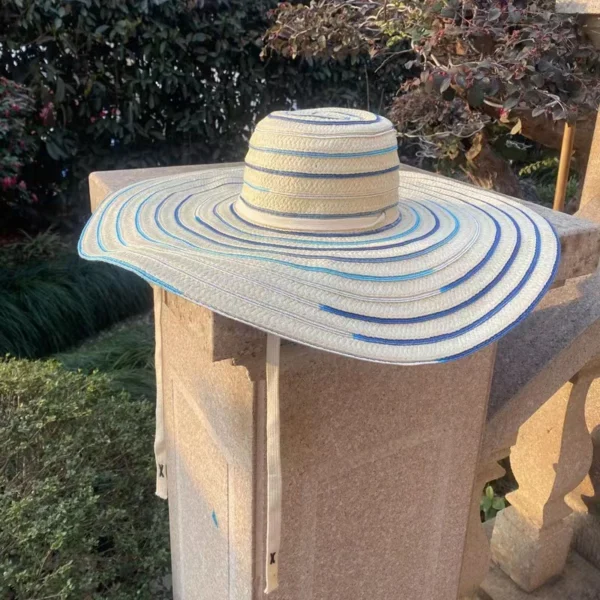 New Elegant Natural Hand-woven Ribbon Dome Wide Brim Straw Hat For Women Summer Beach Vacation Casual Stripe Designer Hats