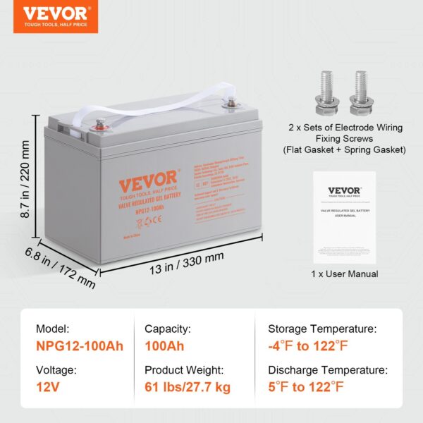 VEVOR Deep Cycle Battery, 12V100AH, AGM Marine Rechargeable Battery, High Self-Discharge Rate 800A Current, For RV Solar Marine Off-Grid Applications UPS Backup Power System