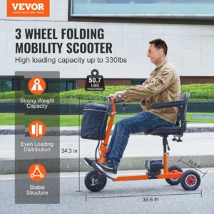 VEVOR Foldable 3 Wheel Mobility Scooter For Seniors, Portable Electric Powered Mobility Scooter With 12 Mile Long Range, All Terrain Travel Wheelchair With 48V Lithium-ion Battery, Max Support 330LBS
