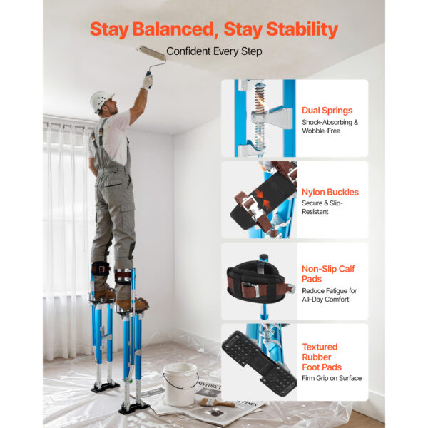 Drywall Stilts, 24.2–40.3 Inch Adjustable Aluminum Painter Stilts, 228 Lbs Load Capacity, Non-Slip Rubber Feet, Dual Spring Shock Absorption, Comfortable Leg Straps For Painting, Decoration,Blue