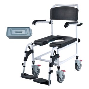 50036b48-6c41-41e5-b8af-90fe4ef564e9.jpg Shower Commode Wheelchair With 4 Lockable Wheels, Footrests, Flip-up Arms, 3-Level Adjustable Height, 5L Removable Bucket, 350 LBS Capacity, Commode Chair For Adults Seniors