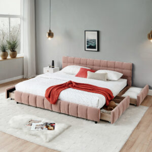 California King Size Upholstered Bed ,comfortable Upholstered Bed Frame, Chenille Fabric, With Headboard And Solid Bed Frame. With Drawer For Storage.-Pink90.5 X80.5 X31