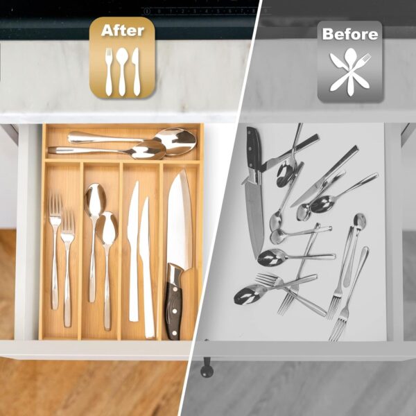 576580be-7ab3-4b5e-9590-0c39ad14f2f5.jpg Bamboo Silverware Organizer, 5 Slot Kitchen Drawer Utensil Holder, Cutlery And Flatware Organizer Tray For Spoons, Forks & Knives