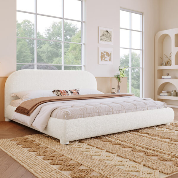 Cream Style Fabric Upholstered Bed, Simple Modern Bedroom Double Bed,Queen