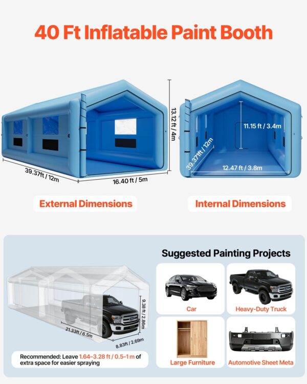 Inflatable Paint Booth, 39.37 X 16.40 X 13.12 Ft, Inflatable Spray Booth With 950W+1100W Blowers, Air Filter System, Triangular Roof, For Painting Car, Truck, Furniture, Automotive Sheet Metal