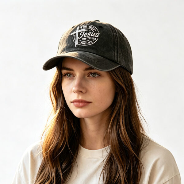 5a001712-27ef-449a-b70f-6996041c1176.jpg 2pcs Vintage Washed Black Baseball Cap For Women Men, Jesus The Way The Truth The Life Cross Embroidered Faith Christian Hat