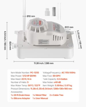 5ad7056d-8a09-49a2-bc63-274eda503cf5.jpg Condensate Pump, 1/12 HP, 90 GPH, 20 Ft Lift, 115V Automatic AC Condensation Removal Pump With Safety Switch 20 Ft Tubing, For Air Conditioner, Dehumidifier, HVAC, Furnace, Ice Maker Water Drain