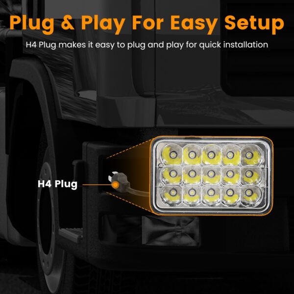 62296eb6-daa6-48b0-ba70-badebd65f8c2.jpg 2Pcs 4x6in Car LED Headlights Vehicle Rectangular Headlamp With H4 Socket H4-to-3Pins Adapter With High Low Beam White Light IP68 Waterproof For 10-80V SUV Truck Sedan Car Motorcycle