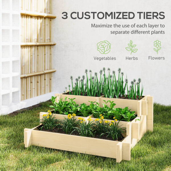 62559973-cce8-4f75-91d4-a04b4fe9631f.jpg 3 Tier Raised Garden Bed, Water Draining Fabric for Soil, Elevated Wood Flower Box for Vegetables, Herbs, Natural
