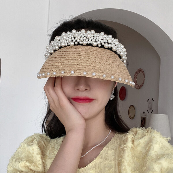588775035 New Women Pearl Headband Hat Raffia Visor Caps For Girls Beach Hat Braided Fashion Cap Lady Summer Straw Sun Hats Wholesale