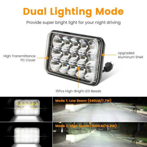 6807ecee-14af-42e3-baca-601d70e1da81.jpg 2Pcs 4x6in Car LED Headlights Vehicle Rectangular Headlamp With H4 Socket H4-to-3Pins Adapter With High Low Beam White Light IP68 Waterproof For 10-80V SUV Truck Sedan Car Motorcycle