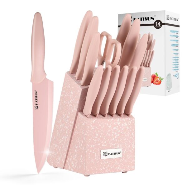6956732a-4b93-4741-a164-28753cfb78a3.jpg Kitchen Knife Set With Block, 14 Piece Pink Non-Stick Paint Coating Stainless Steel Knives Set, Anti-Rust And Dishwasher Safe, 12 Knives With Kitchen Shears And Block Pink
