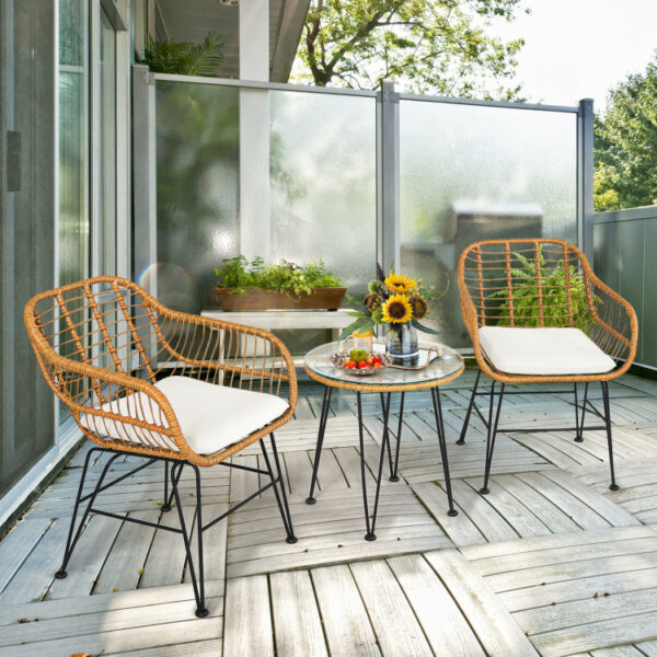 3 Pieces Rattan Furniture Set With Cushioned Chair Table