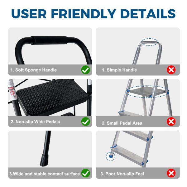 3 Step Ladder, Folding Step Stool With Wide Anti-Slip Pedal, Sturdy Steel Ladder, Lightweight, Portable Steel Step Stool