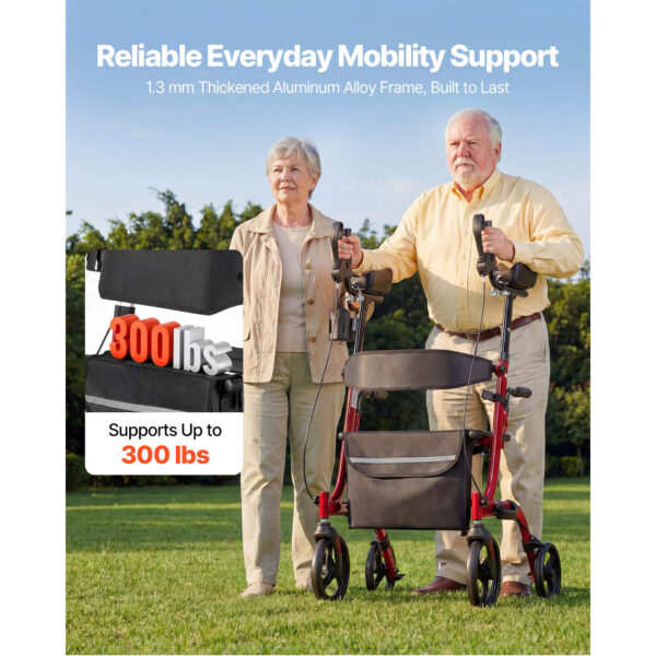 Rollator Walker With Seat For Seniors, Foldable Rolling Walker, Lightweight Aluminum Mobility Walking Aid With PVC Solid Wheels, Adjustable Handle, Storage Bag, Cup Cane Holder - Supports 300LBS