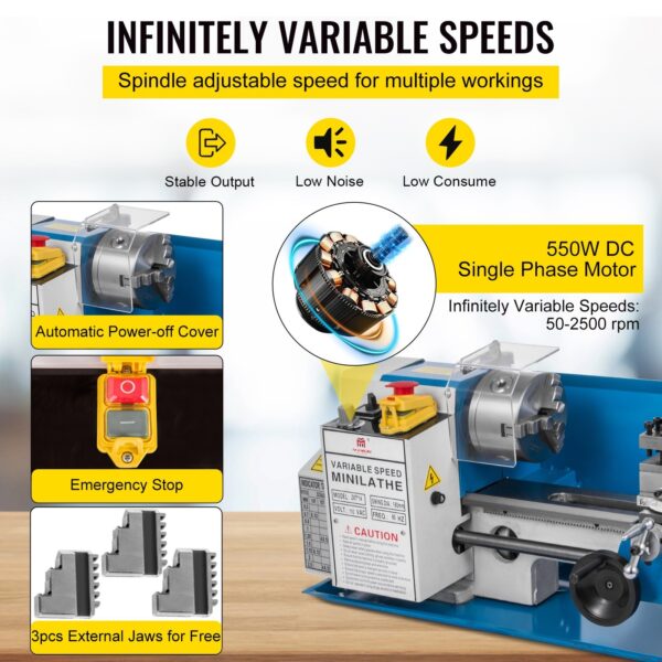 Metal Lathe 7x14inch Precision Bench Top Mini Metal Lathe 550W Precision Metal Lathe Variable Speed 50-2500 RPM Nylon Gear With A Movable Lamp