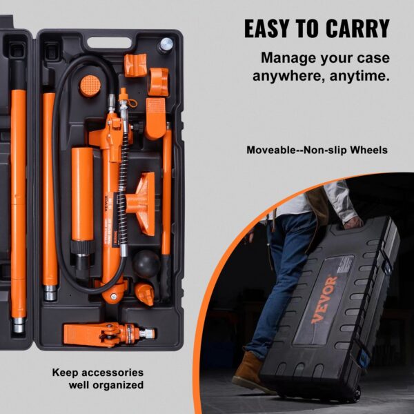 6ee66ac3-1caa-44b6-95f0-4e6b4862415e.jpg 10 Ton Porta Power Kit, Hydraulic Ram With Pump, Car Jack With 4.6 Ft/1.4 M Oil Hose, Bent Frame Repair Tool With Storage Case For Automotive, Garage, Heavy Equipment, Mechanic (22046 LBS)