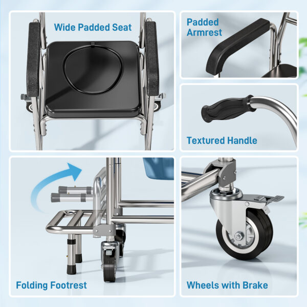 745bc204-c3a6-4396-ac64-646b64eb2048.jpg 3-in-1 Shower Commode Wheelchair, Accessible Transport Commode Medical Rolling Chair, Black