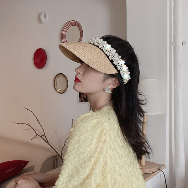 588775036 New Women Pearl Headband Hat Raffia Visor Caps For Girls Beach Hat Braided Fashion Cap Lady Summer Straw Sun Hats Wholesale