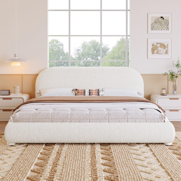 Cream Style Fabric Upholstered Bed, Simple Modern Bedroom Double Bed,King