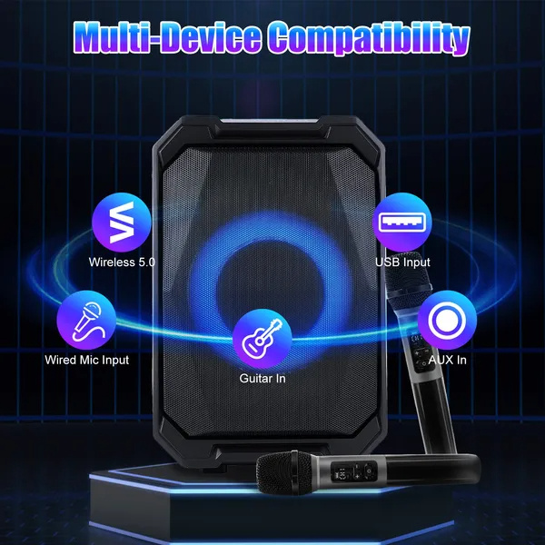 Portable Wireless Party Speaker With LED Light 2 Wireless Mics Remote Control TWS Music Accompany Mic. Priority Bass Echo Mic Treble Guitar In