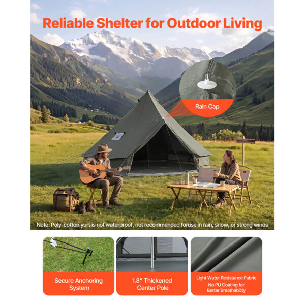 Canvas Bell Tent, 4 Seasons 9.84 Ft Yurt Tent For Camping With Stove Jack, Canvas Breathable Holds Up To 3 People With Zipped Detachable Floor, For Family Camping Glamping Outdoor Hunting Party