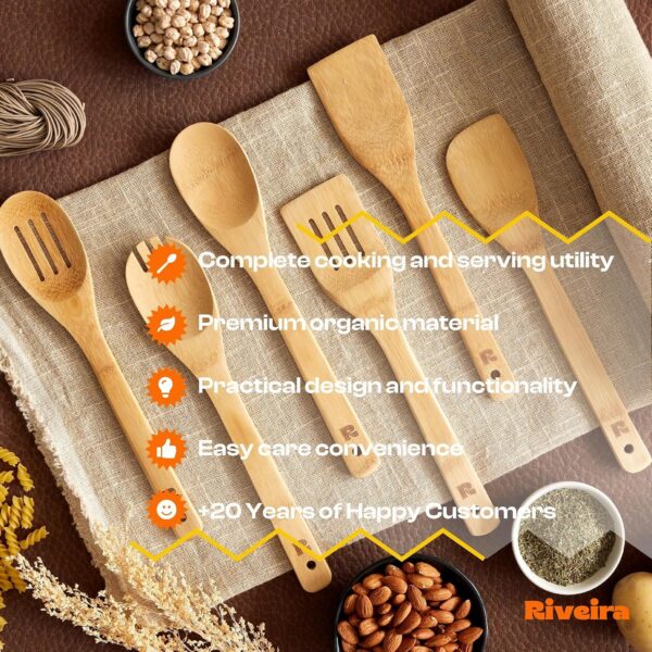 Bamboo Cooking Spoons 6-Piece Set, Wooden Kitchen Utensils With Spoons & Spatulas, Durable Cooking Tools For Home & Kitchen