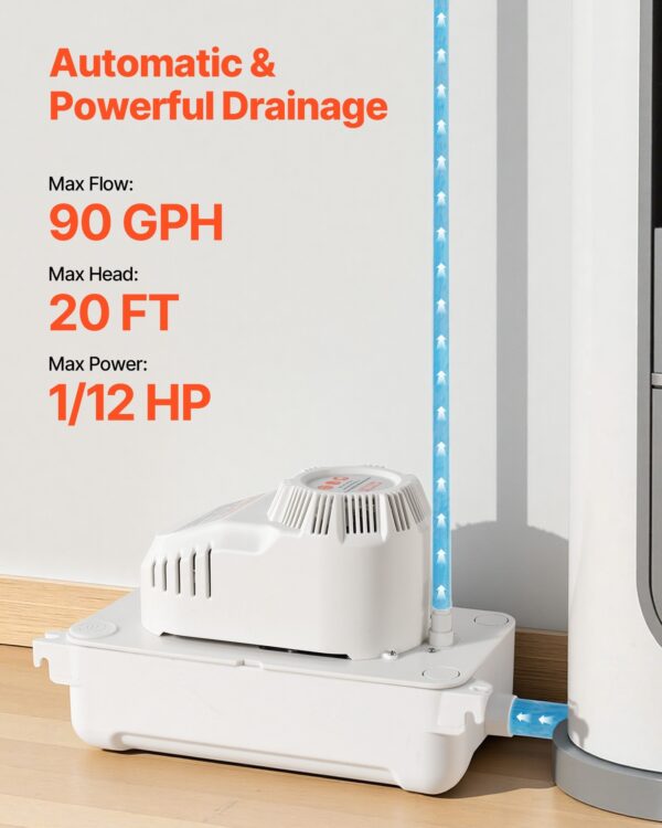 Condensate Pump, 1/12 HP, 90 GPH, 20 Ft Lift, 115V Automatic AC Condensation Removal Pump With Safety Switch 20 Ft Tubing, For Air Conditioner, Dehumidifier, HVAC, Furnace, Ice Maker Water Drain