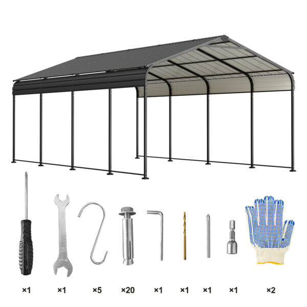 12X20 FT Metal Carport, Outdoor Car Shelter All Weather, Heavy Duty Outdoor Galvanized Car Shelter For Car Boat Truck And SUVs Black