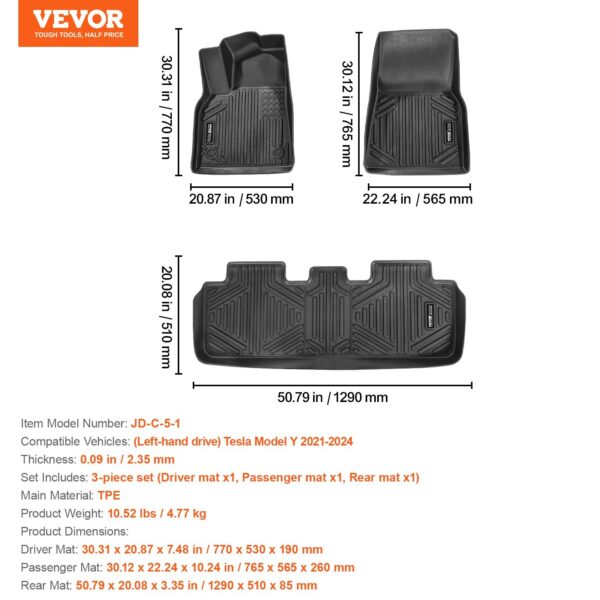 Automotive Floor Mats Fits For Tesla Model Y 2021-2024 3 Pcs TPE Liners