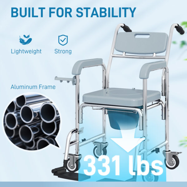 97e515d0-46fa-4654-b8e2-e6865c828f6a.jpg Rolling Shower Wheelchair for Seniors, Bedside Commode Chair with Locking Wheels, Seat, Backrest, Arms, Gray